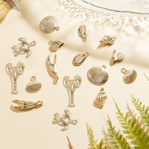 SUNNYCLUE 1 Box 54g Real 14K Gold Plated Charms Bulk Gold Summer Ocean Charm 16Pcs Sea Theme Marine Life Charms Starfish Shell Charm Pendant for DIY Christmas Earring Bracelet Jewelry Making Supplies - color: 14K Gold Plated Charms