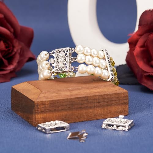 Pandahall 2 Sets Metal Tone Brass Rhinestone Rectangle Filigree Clasps, 3-Strand Box Clasps, Platinum