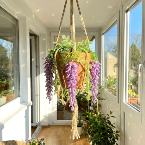 Potchen 13155 Pcs Wisteria Craft Beaded and 5 Inch Clay Pot Planter DIY Set, Glass Beads Plant Flower Making Kit with Artificial Moss Hanging Rope Purple Nature Series Colorful Crystal Leaf Jewelry