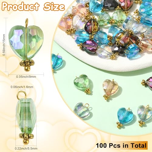 Ipotkitt 100 Pcs Electroplate Glass Beads Faceted Crystal Charms Colorful Heart Dangle Charms for DIY Earring Necklace Bracelets Jewelry Making - color: 100pcs-Faceted Glass Charms-15x9x5.5mm