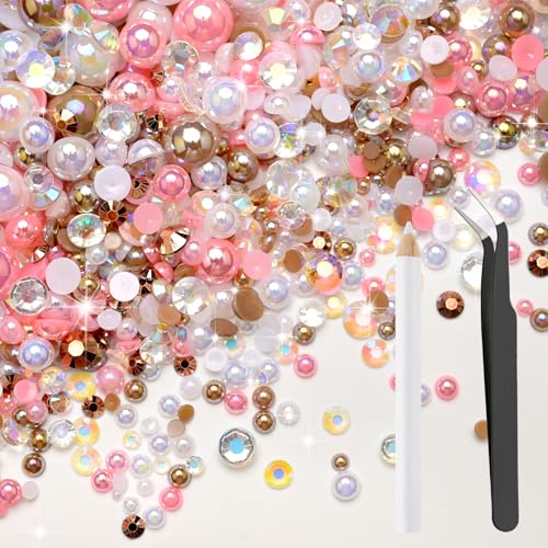 80g Mix Flatback Pearls and Rhinestones for Crafts Pink Brown Mixed Size 2mm-10mm Half Round Pearls Rhinestones for Nail Art Tumblers Shoes DIY Bedazzling with Tweezers Wax Pen - color: Pink Brown
