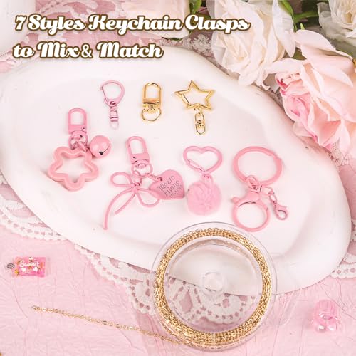 Ecoofor 249Pcs Keychain Making Kit for Kids & Adults – Includes 15 Keychain Clips, 16.4 Feet Chains, 100 Charms, Beading Accessories, Jewelry Pliers – DIY Bag Charms & Jewelry Craft Kit Supplies - color: Elegant Pink Set