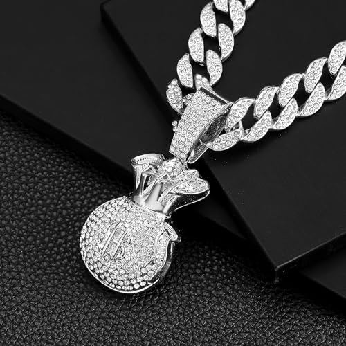 Ice Out Chain for Men Premium Zircon Stones Hypoallergenic Durable Hip-Hop Streetwear Chain Necklace Men - color: Silver, style: Dollars Bag