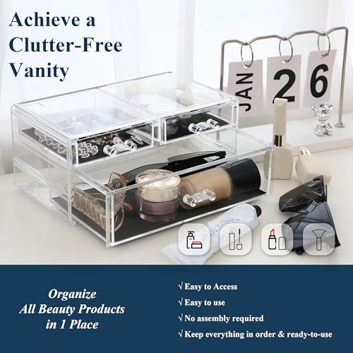 Sea Team Clear Makeup Organizer with Drawers, Acrylic Plastic Cosmetic Display Case, Jewelry Storage Box, Holder for Dresser, Bathroom, Vanity, Countertop (1 Large, 2 Small Drawers) - size: 1 Large, 2 Small Drawers