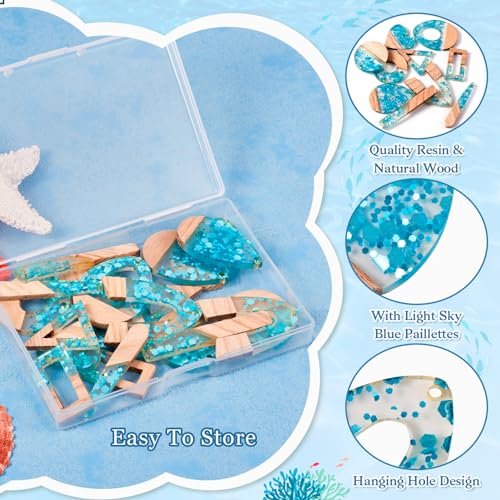 Beadthoven Sea Blue Charms for Earrings Making, 20pcs/10 Pairs Resin Wood Pendants DIY Women Necklace Wooden Pendants Supplies for Jewelry Making Bookmarks Ornaments Dangle Crafts - color: Blue Sequins