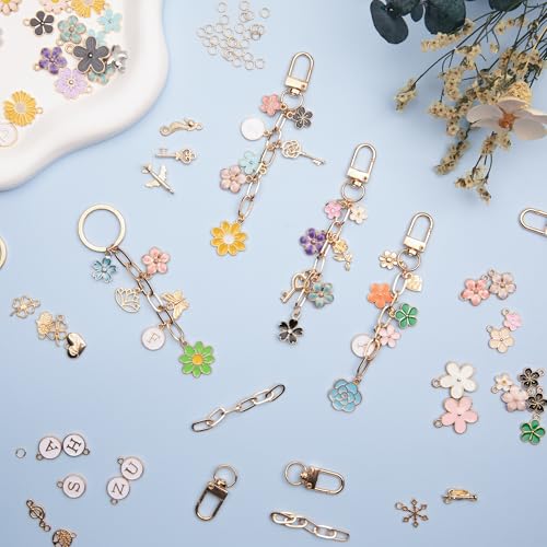 HOMAR 105Pcs DIY Keychain Making Kit Bag Charm Jewelry Chain Making 30 Flower Charms 8 Keychain Clips with Key Ring 8 Extender Chains 50 Jump Ring for DIY Craft Gifts - color: Flower-105PCS