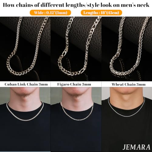 JEMARA 3Pcs Men's Stainless Steel 3mm Silver Chain Necklace Sets ，Non Tarnish Cuban Link Jewelry Gifts（18-22 inch） - size: 18 inches