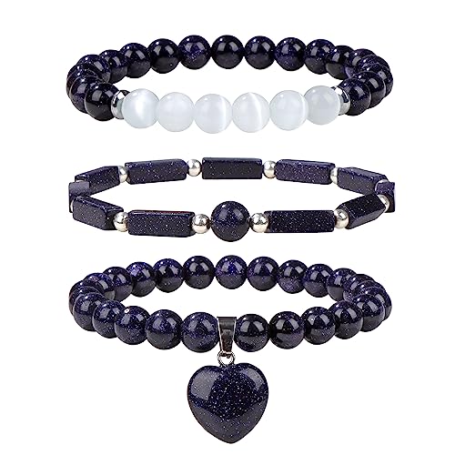 Vinswet Healing Crystal Beaded Bracelets for Women,Natural Amethyst Gemstones Bracelet,Anxiety Stress Relief Heart Charm Bracelet Handmade purple Jewelry Gifts for Women - color: Blue Sandstone&Moonstone