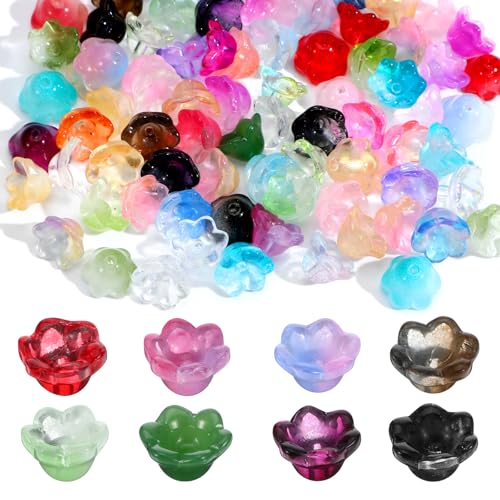 100PCS Glass Bellflower Beads, Colorful Trumpet Flower Beads for Jewelry Making, Cute Floral Beaded Charms for DIY Necklace, Earrings, Bracelets, Crafts (11mm)