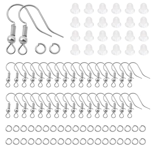 TOAOB 300pcs Earring Hooks Kits White Gold French Ear Wires with Ball and Coil 18mm Fish Hook Earring Making Supplies with Jump Rings and Clear Silicone Ear Backs for DIY Jewelry Findings - color: White gold