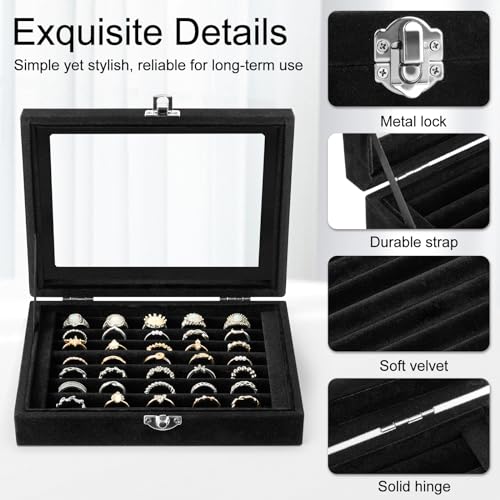 Velvet Ring Organizer Box, 7 Slots Jewelry Holder with Glass Lid Earring Display Tray Storage Case Gift for Women and Girls (Black)