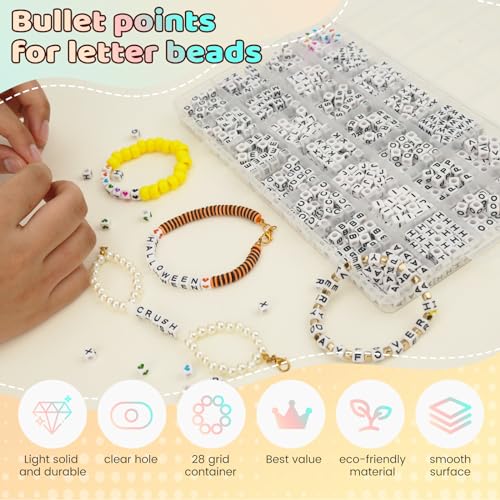 FZIIVQU 1400 Pcs Letter Beads Kit, 28 Styles White Acrylic Alphabet Beads Letter Beads for Jewelry Making wiht Number Beads Heart Beads Friendship Bracelet Kit - color: Black Letter & White Base, size: 6*6mm