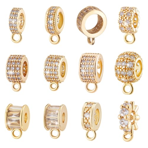 PH PandaHall 12 Styles 18K Gold Plated Spacer Bail Bead Hanger Rhinestone Bail Beads with Charm Loop, Cubic Zirconia Bails Connectors for European Necklace Bracelet Pendant Jewelry Making