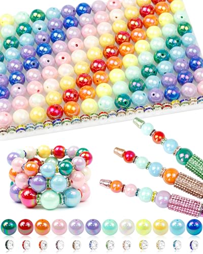 196PCS FIVEIZERO Focal Beads for Pens – 14mm AB Rainbow Acrylic Beads & 8mm Rhinestone Spacers in 12 Colors for Beadable Pens, Bracelets, Jewelry Making & DIY Crafts - size: 14mm Acrylic Beads + 8mm Rhinestone Spacers