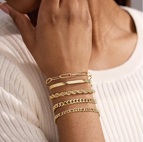 Gold Bracelets Set for Women Stack, Chunky Thick Bracelets Stack for Women Trendy, Simple Dainty Thin Gold Plated Cuff Stackable Bracelets With Beaded Cuban Paperclip Snake Rope Bangle Hand Chain Jewelry - style: Style 10-gold
