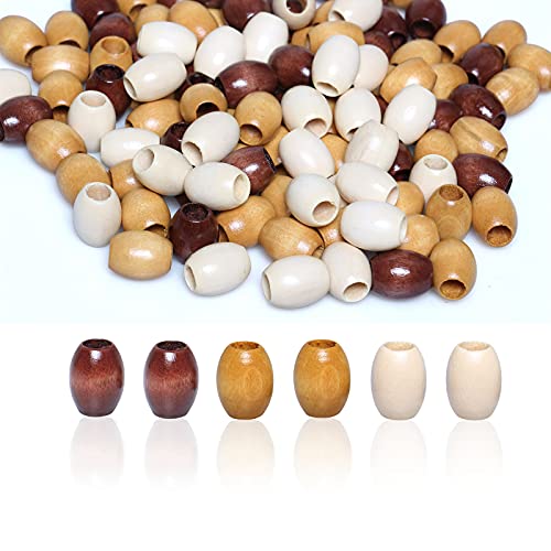 60Pcs 17 x 14mm Oval Wood Beads in Beige, Coffee, Brown Mixed Colors, Large Hole Wooden Barrel Beads with 5mm Hole for Bead Crafts Home Party Bead Decor Making (20pcs for Each Color) - color: 17x14mm, Beige&Coffee&Brown#60pcs