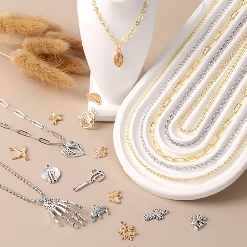 Zplontya 8 Rolls Necklace Chains for Jewelry Making 330PCS Include 26FT Gold & Silver Chains, Jump Rings, Clasps, Charms Pendants, Chains Connectors for DIY Permanent Bracelet & Jewelry Making