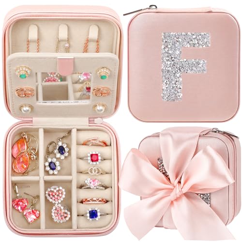 CHMI Small Jewelry Organizer Box,bachelorette gifts for bridesmaids,Travel Initial Jewelry Box for Girls,Travel Jewelry Case,Travel Gifts for Women Girls,Initial pink F - color: Champagne Pink, size: F