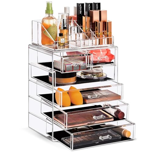 Sorbus Acrylic Makeup Organizer Set, 6-Drawer Vanity & Countertop Cosmetic Storage with Small & Wide Compartments, Clear Makeup Storage for Brushes, Jewelry – Holiday Gift for Women & Teens - color: Clear, size: 4 Large, 2 Small Drawers