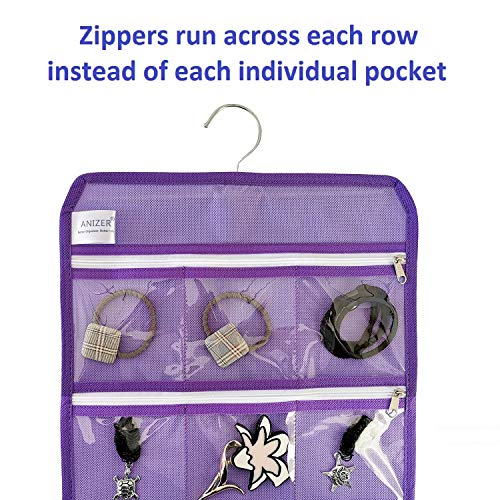 Travel Foldable Jewelry Rolls Bag Hanging Jewelry Organizer with 9 Zippered Clear Pockets Storage Pouch with Rotatable Hanger (PURPLE) - color: PURPLE