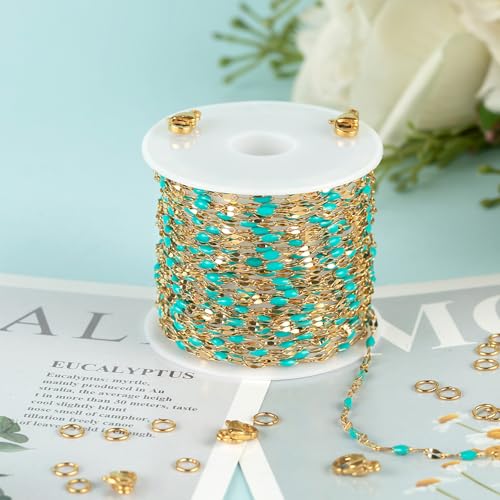 UMAOKANG 16.4 Feet Gold Plated Stainless Steel Jewelry Chain Roll Blue Enamel Bead Necklace Chain Handmade Craft Chains Bulk - color: Gold-Blue