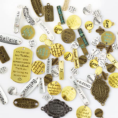 stino Metal Charms for Jewelry Making 100gram, Bulk Tibetan Silver & Gold Plated Trinkets for Earring Necklace Jewelry Making and Findings - color: Word Plate Silver & Gold