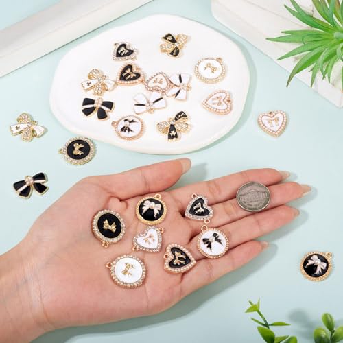 Craftdady Crystal Rhinestone Pendants Butterfly Heart Rhombus Bowknot Earring Charms Alloy Enamel Metal Pendants Light Gold Bracelet Charms for DIY Craft Necklace Jewelry Making - color: Black White Heart