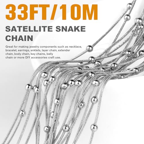 33 Feet Stainless Steel Snake Chains Roll, 1mm 304 Stainless Steel Round Satellite Snake Chain Bulk Spool for Jewelry Making DIY Craft - color: Big Beads Stainless Steel Satellite Snake Chains