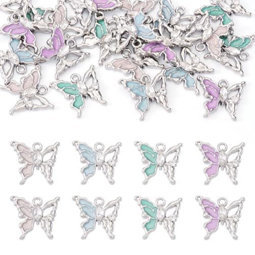FASHEWELRY 20Pcs Alloy Crystal Rhinestone Butterfly Charms Gradient Color Enamel Butterfly Charms Silver Plated Fairy Pendants for Earring Jewelry Making Necklace Bracelet Craft - color: Butterfly-Silver Plated