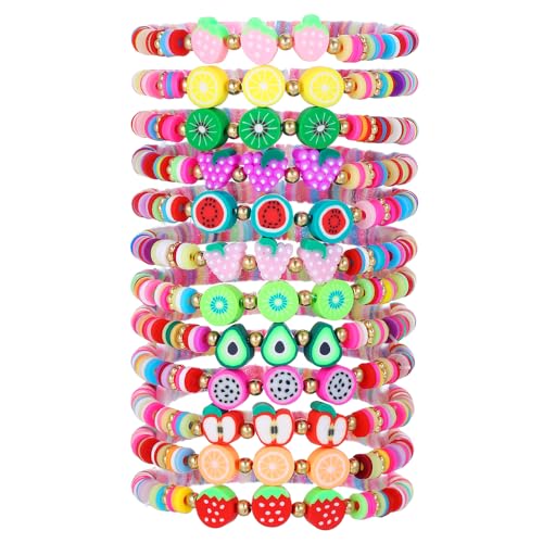 Friendship Bracelets Boho Stackable Bracelets for Women Surfer Heishi Clay Bead Bracelets Stretch Preppy Bracelets Colorful Boho Bracelets for Women - color: 12PCS FRUIT