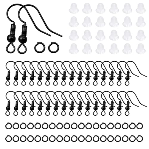 TOAOB 300pcs Earring Hooks Kits Black French Ear Wires with Ball and Coil 18mm Fish Hook Earring Making Supplies with Jump Rings and Clear Silicone Ear Backs for DIY Jewelry Findings - color: Black
