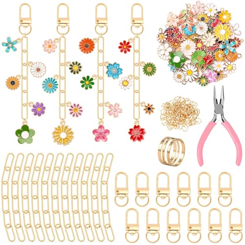 AUGSUN 189Pcs Keychain Making Kit, Charm Jewelry Chain Making Crafts Including 60 Charms 12 Keychain Clips Hooks 15 Extender Chains 100 Jump Ring and Jewelry Plier for Crafts (Flower) - style: Flower