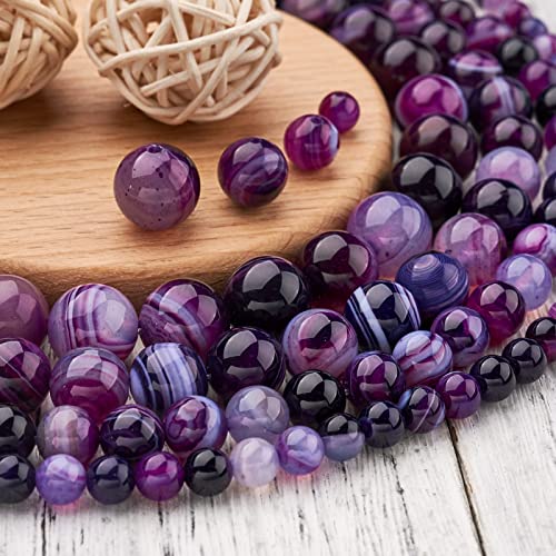 Craftdady 4 Strand Natural Round Stone Beads 6-12mm Purple Striped Banded Agate Loose Beads Energy Healing Gemstone Beads for DIY Bracelets Necklaces Earrings Jewelry Crafts, Total About 177pcs - color: Purple Striped Agate