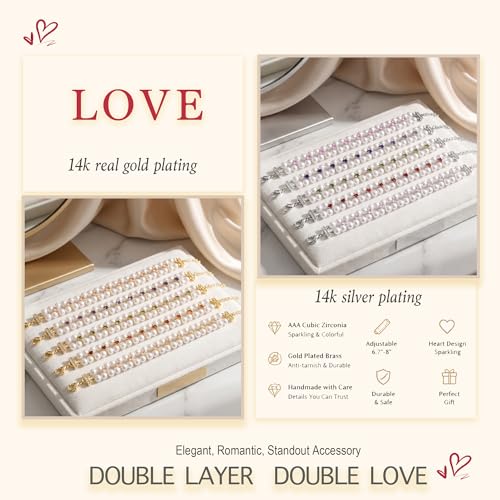 Double Layer Pearl Heart Bracelets for Women, Cubic Zirconia Charm Jewelry, Adjustable Gold Silver Stackable Bracelet Jewelry Set Birthday Gift for Mom Daughter Wife - color: Silver-Pink