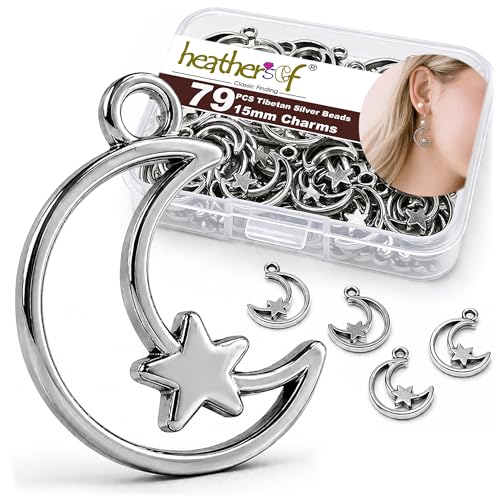 Heather's cf Celestial Beads Moon Charms Pendant Jewelry Making Earrings Necklace Bracelet Kit Findings Jump Rings Lobster Clasp Vintage Finish Plated Non Tarnish Look (Silver Star, 79-150Pcs) - color: Silver Moon - 79Pc