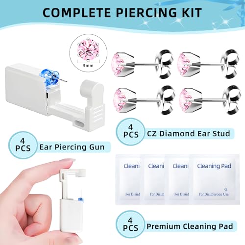 Nunpag 12 Pcs Ear Piercing Kit Disposable Ear Piercing Gun Kit with 4 Pcs 6 Prong Setting Cubic Zirconia Earrings Stud 316L Stainless Steel Easy to Use at Home Self Ear Piercer Gun Kit Tool, Silver - color: Silver-Pink
