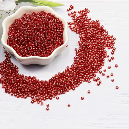 Transparent Red with Silver Lined Beads Size 8/0 Crafts Glass Seed Beads 3mm for Jewelry Making (Total About 100g About 3600pcs) - color: Transparent Red with Silver Lined, size: 3mm