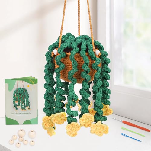 Kogyxe Beginners Crochet Kit, Hanging Potted Plants Knitting Starter Pack, Amigurumi Crochet Starter Kits w Step-by-Step Video Tutorials for Beginners Decoration, Plants Family (40%+ Yarn) - size: Spiral yellow flower