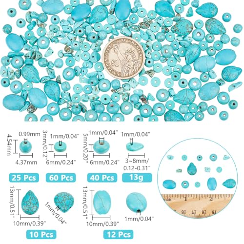 arricraft About 250 Pcs 6 Styles Turquoise Beads, Oval Round Disc Rondelle Chip Teardrop Heishi Bead Irregular Loose Stone Beads for Christmas Bracelet Necklace Jewelry Making (Hole: 1mm) - size: 6 Sizes