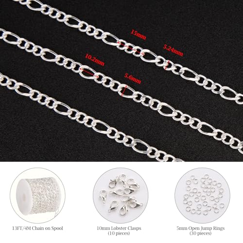 KYUNHOO 13 FT/4M Silver Plated Jewelry Chain Roll Figaro Curb Links Necklace Chains Bulk with Lobster Clasps Jump Rings for Women Men Making Jewelry Crafts - color: Figaro Silver
