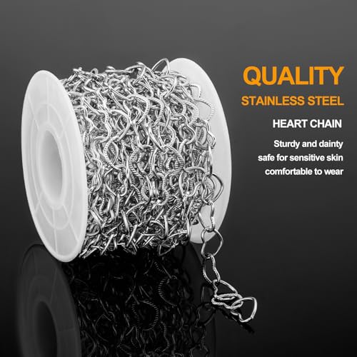 KYUNHOO 5 Meters Hollow Heart Chain for Jewelry Making Silver Embossed Heart Jewelry Links Stainless Steel Necklace Making Chains Bulk for Men Women DIY Handcrafts Finding Supplies - color: Heart Silver