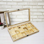 Mooca Wooden Display Storage Case with Tempered Glass Lid for Jewelry and Beads with 18 Compartments Tray, Oak Color, 15" W x 8 3/4" D x 2" H - color: Oak