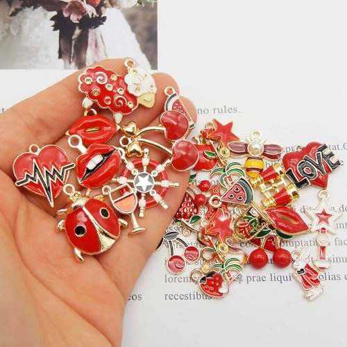 30pcs Mixed Enamel Charms Pendants for Jewelry Making Bulk lot Necklace Earrings Bracelet Craft Findings - color: Red