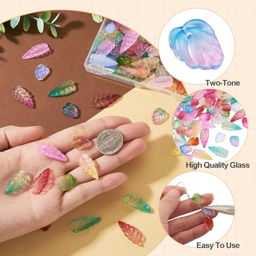 Beadthoven 120Pcs Transparent Glass Leaf Beads Mixed Color Leaf Shaped Crystal Beads Colorful Spring Summer Plant Bead Loose Gemstone Spacers for Jewelry Making DIY Bracelets Necklace Earrings Crafts - color: Leaf 2 styles