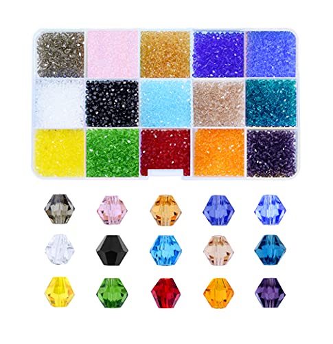 Mandala Crafts 3mm Bicone Crystal Glass Beads, 3750 Faceted Beads for Adult Jewelry Design, Fashion Accessories, and Decorative Applications - color: 15 Assorted Colors, size: 3mm Bicone
