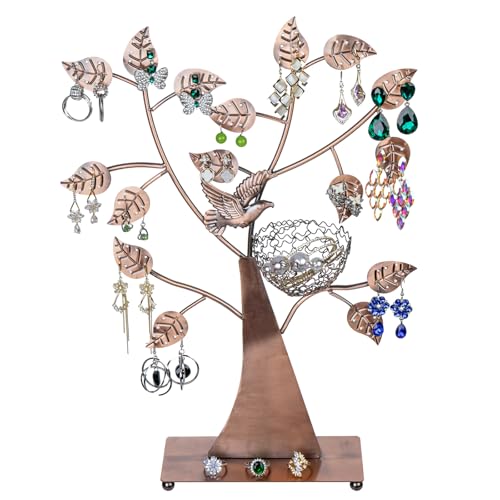MyGift 14-Inch Modern Bronze Jewelry Organizer Tree with Bird Nest – Holds 48 Earrings, Necklace & Bracelet Stand, Metal Tabletop Display for Rings, Trinkets – Decorative Storage for Home Décor - color: Bronze