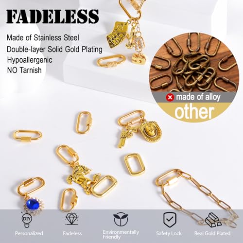 Stainless Steel Screw Carabiner Lock Charms, 18K Gold Plated, 6 Pieces, Jewelry Making Connectors, 0.83 x 0.43 Inch, Necklace Charm Holder Clasps (6)