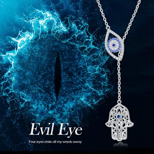 Long Necklace Sterling Silver Larait Bar Y Lariat Long Chain Drop Adjustable Necklace Gift for Her, 30" - style: Evil Eye Hamsa Hand Necklace