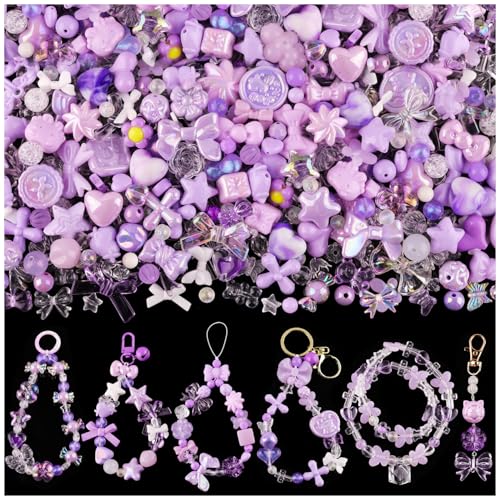 200-260PCS TINKRSTUFF Assorted Purple Acrylic Beads For Bracelet Making, Cute Beads For Jewelry Making Flower Bow Butterfly Candy GummyBear Aesthetic Bracelet Charms, DIY Necklace Keychain Phone Charm - color: PURPLE