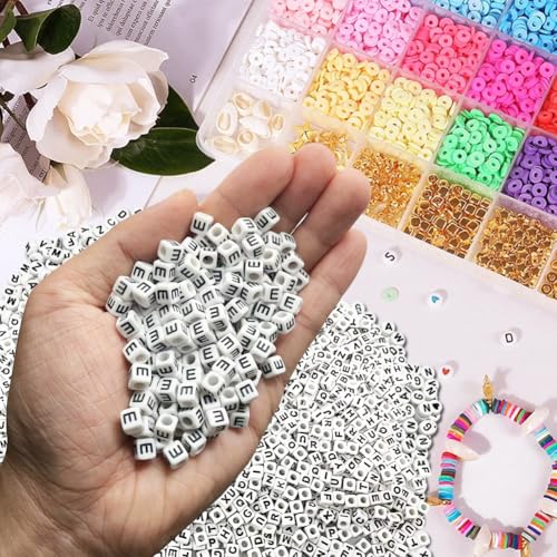 600PCS 6x6mm Square Acrylic Letter Beads E for Friendship Bracelets Jewelry Making, White Acrylic Cube Base with Black Alphabet Beads for DIY Crafts Bracelets Necklaces Key Chains Phone Lanyard - color: Letter E(Black on White)